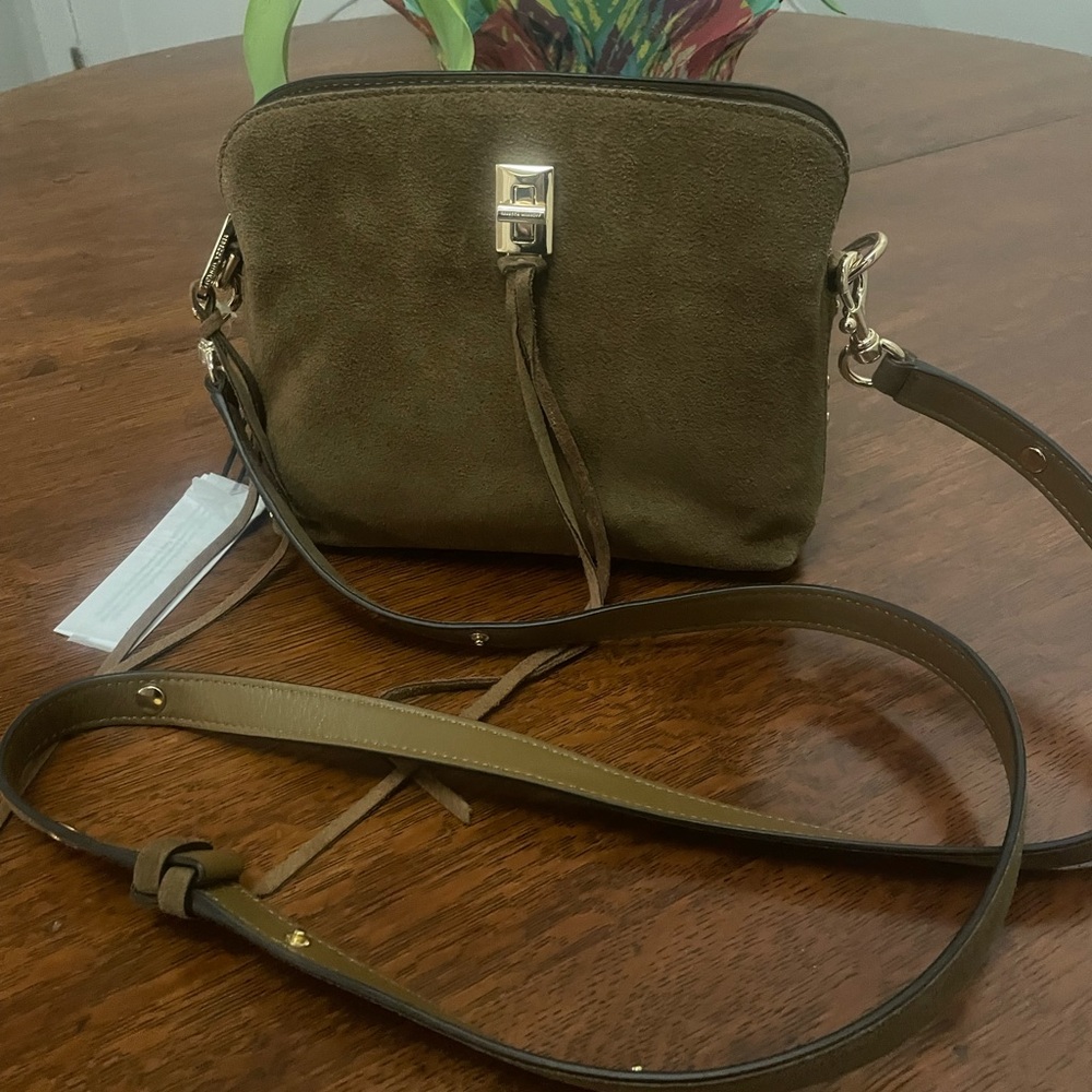 Rebecca Minkoff Olive Green Suede Crossbody Bag with Gold Hardware